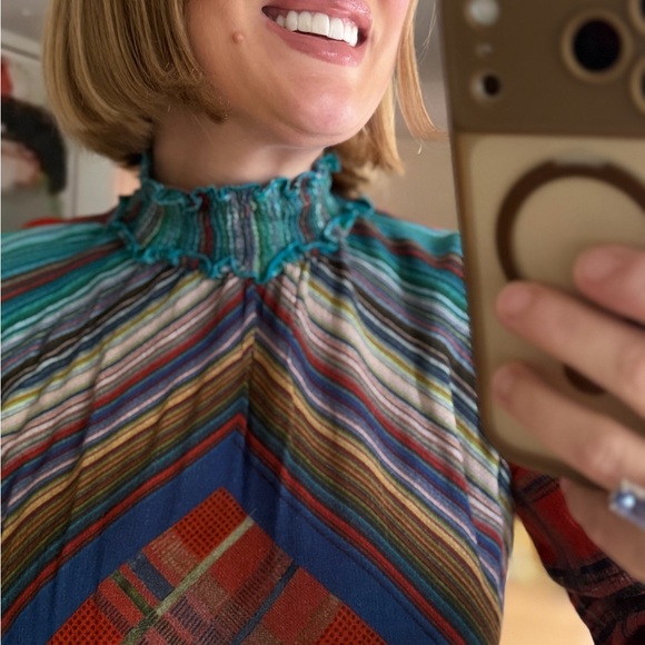 Blank London Size Small Multicolor Plaid Red Blue Mock Neck Women's Blouse Top - Picture 5 of 12